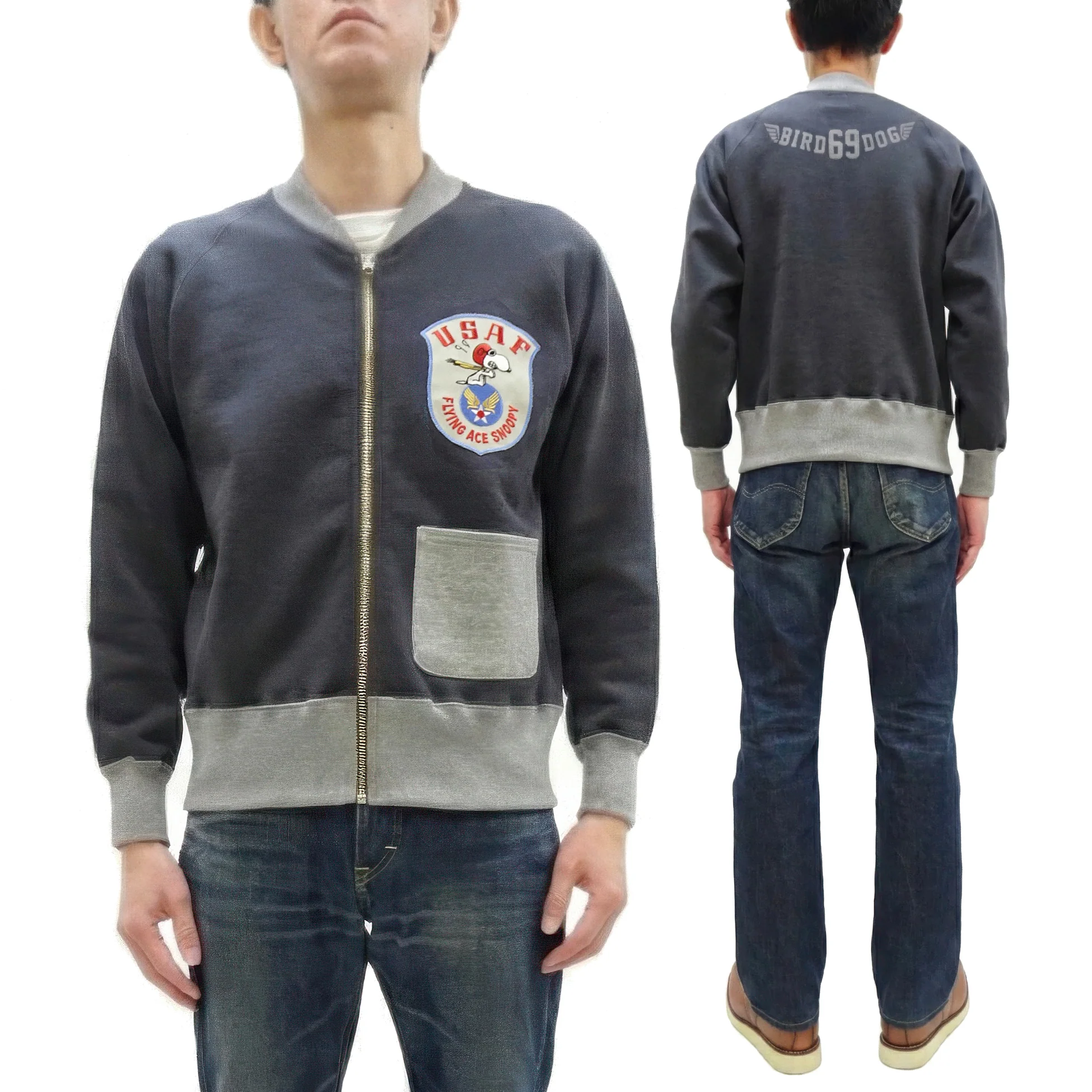 TOYS McCOY Men's Flying Ace Snoopy Zip-Up Sweatshirt - USAF C-2 Inspired, No Hood, Heavyweight 100% Cotton Loopwheel Fleece, Two-Tone Contrast Panel Design - Made in Japan (TMC2551 121  faded navy gray and gray) - Image 5