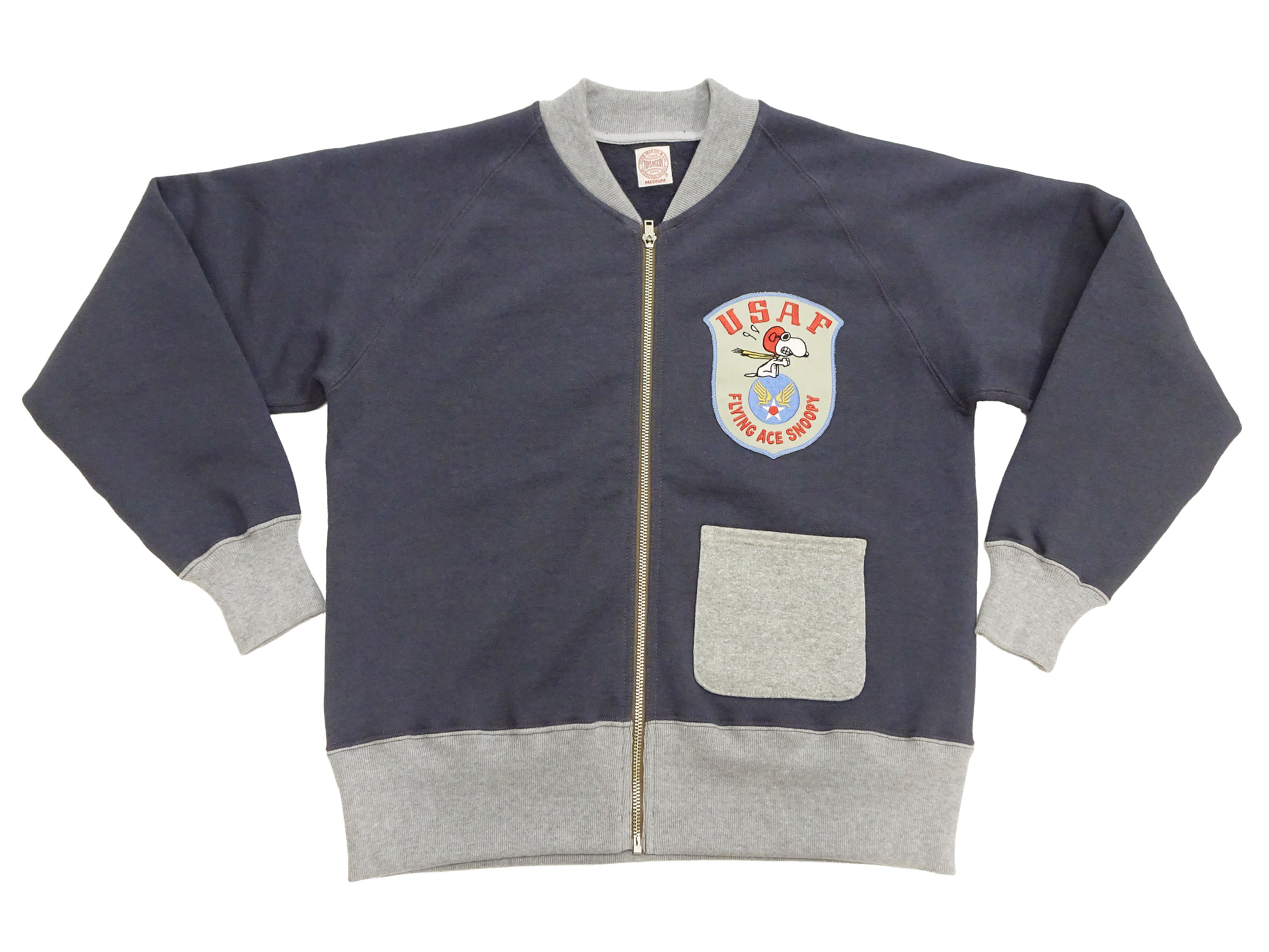 TOYS McCOY Men's Flying Ace Snoopy Zip-Up Sweatshirt - USAF C-2 Inspired, No Hood, Heavyweight 100% Cotton Loopwheel Fleece, Two-Tone Contrast Panel Design - Made in Japan (TMC2551 121  faded navy gray and gray) - Image 6
