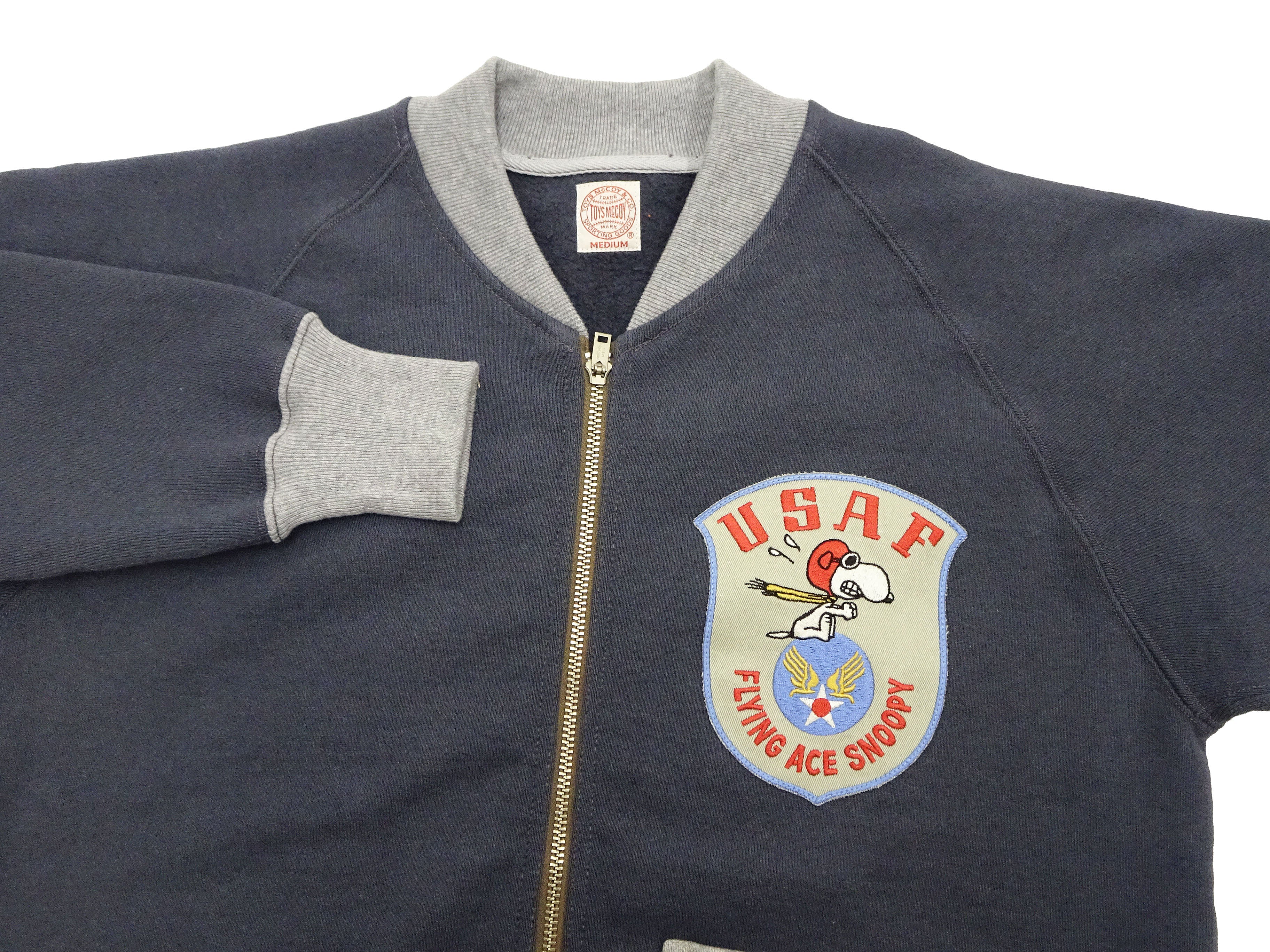 TOYS McCOY Men's Flying Ace Snoopy Zip-Up Sweatshirt - USAF C-2 Inspired, No Hood, Heavyweight 100% Cotton Loopwheel Fleece, Two-Tone Contrast Panel Design - Made in Japan (TMC2551 121  faded navy gray and gray) - Image 7