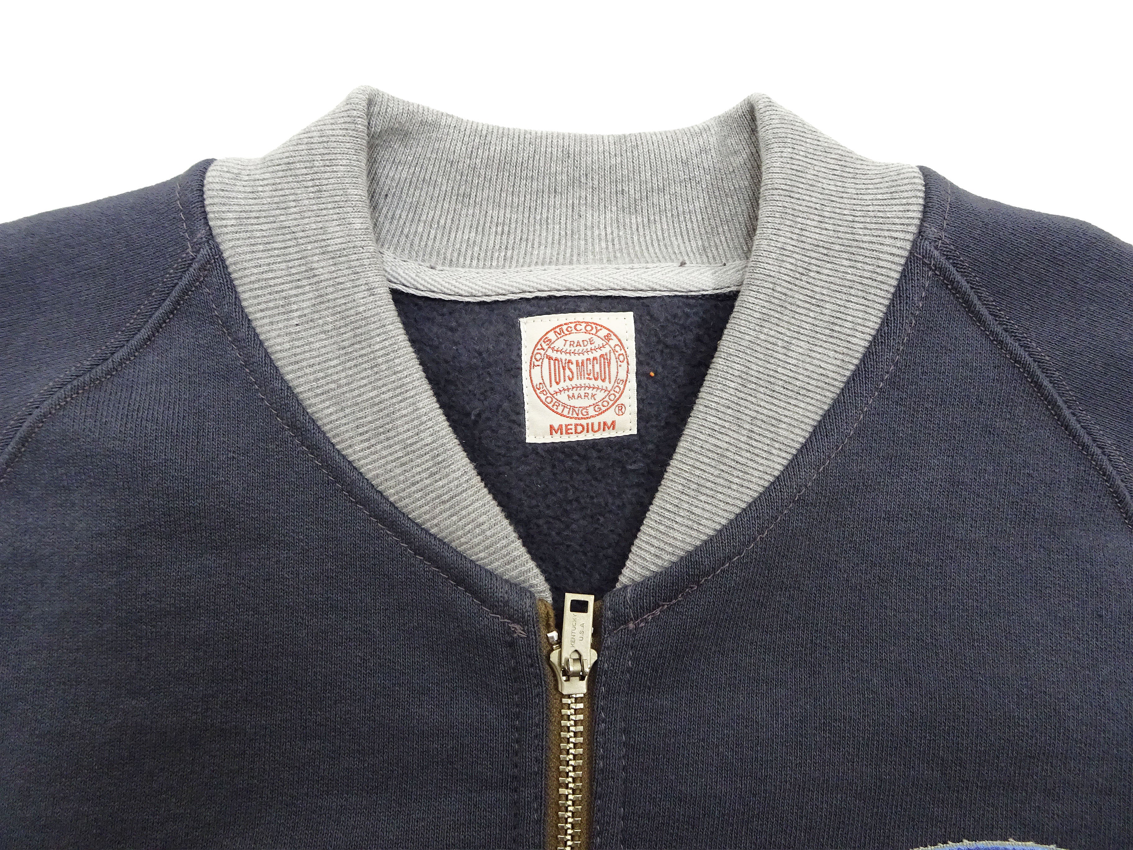 TOYS McCOY Men's Flying Ace Snoopy Zip-Up Sweatshirt - USAF C-2 Inspired, No Hood, Heavyweight 100% Cotton Loopwheel Fleece, Two-Tone Contrast Panel Design - Made in Japan (TMC2551 121  faded navy gray and gray) - Image 8