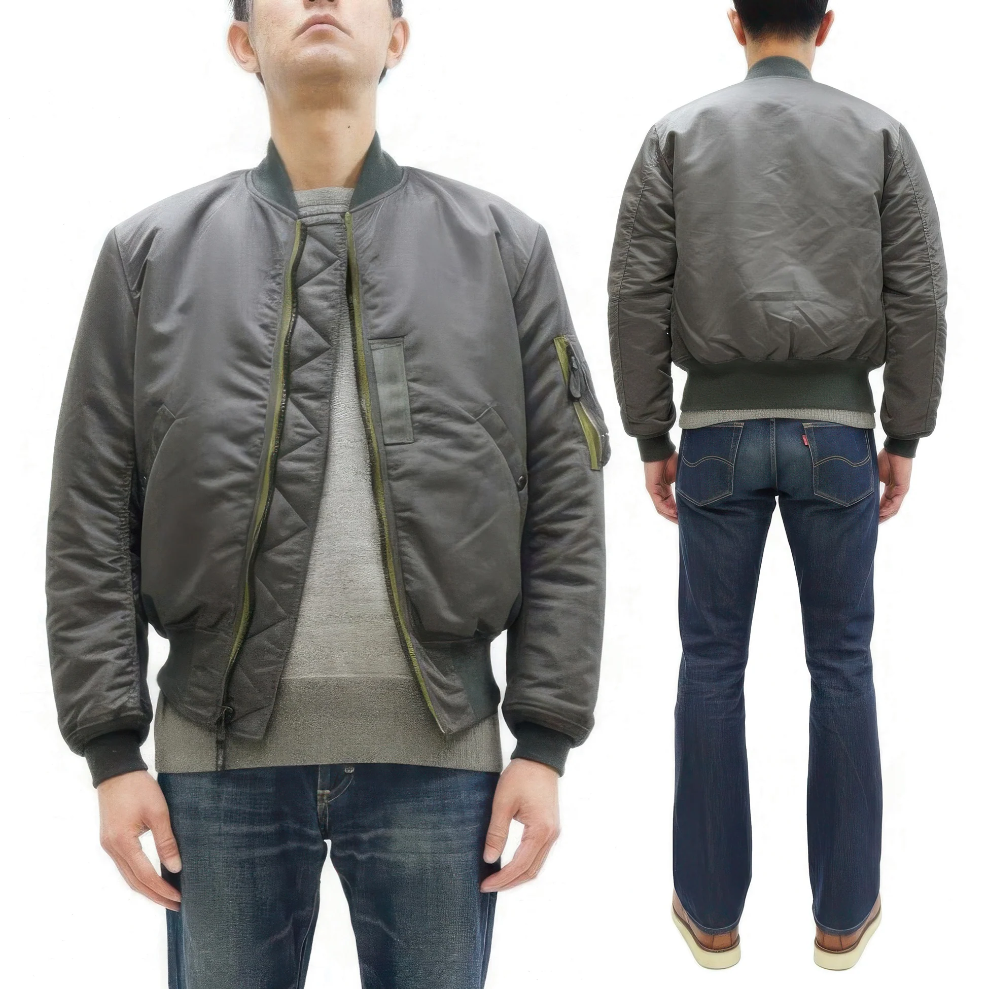 TOYS McCOY Men's MA-1 Flight Jacket - Albert Turner Reproduction, Sage Gray Nylon Bomber Jacket, Made in Japan TMJ2533 - Image 6