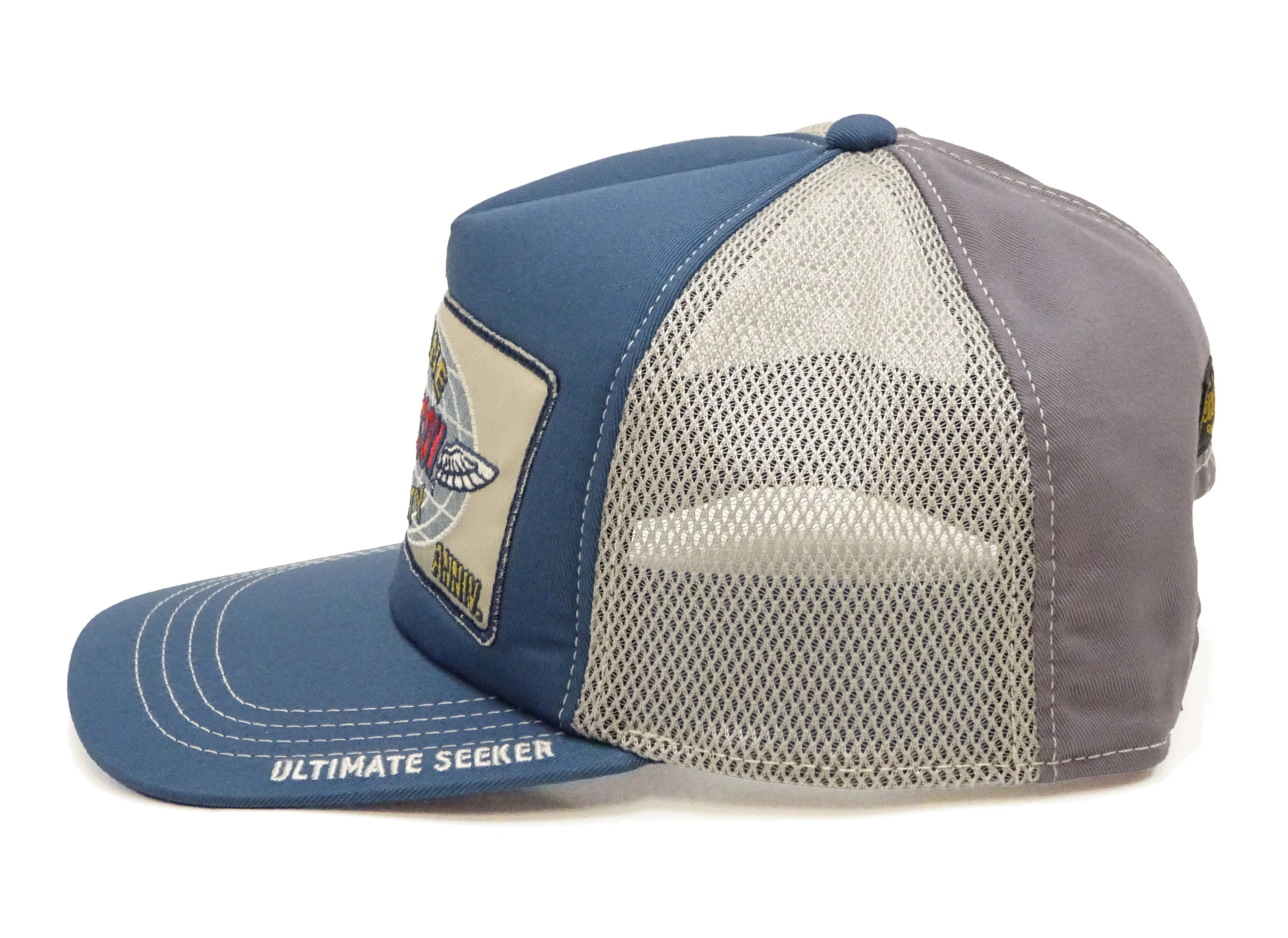 TOYS McCOY Men's Snapback Trucker Cap, Side Mesh Panels, 30th Anniv. Patch, Made in Japan (TMA2602 Blue/Gray) - Image 2