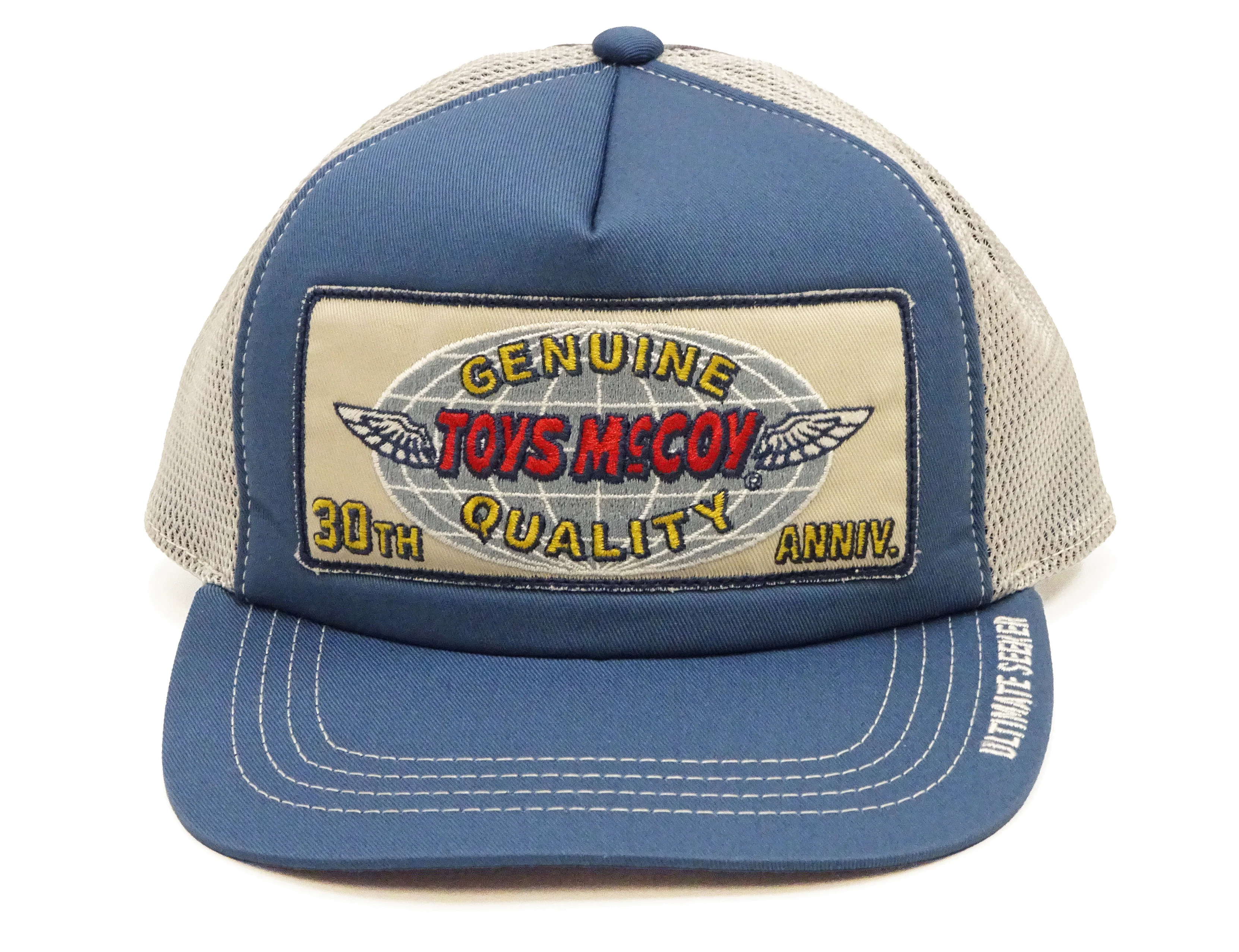 TOYS McCOY Men's Snapback Trucker Cap, Side Mesh Panels, 30th Anniv. Patch, Made in Japan (TMA2602 Blue/Gray) - Image 4