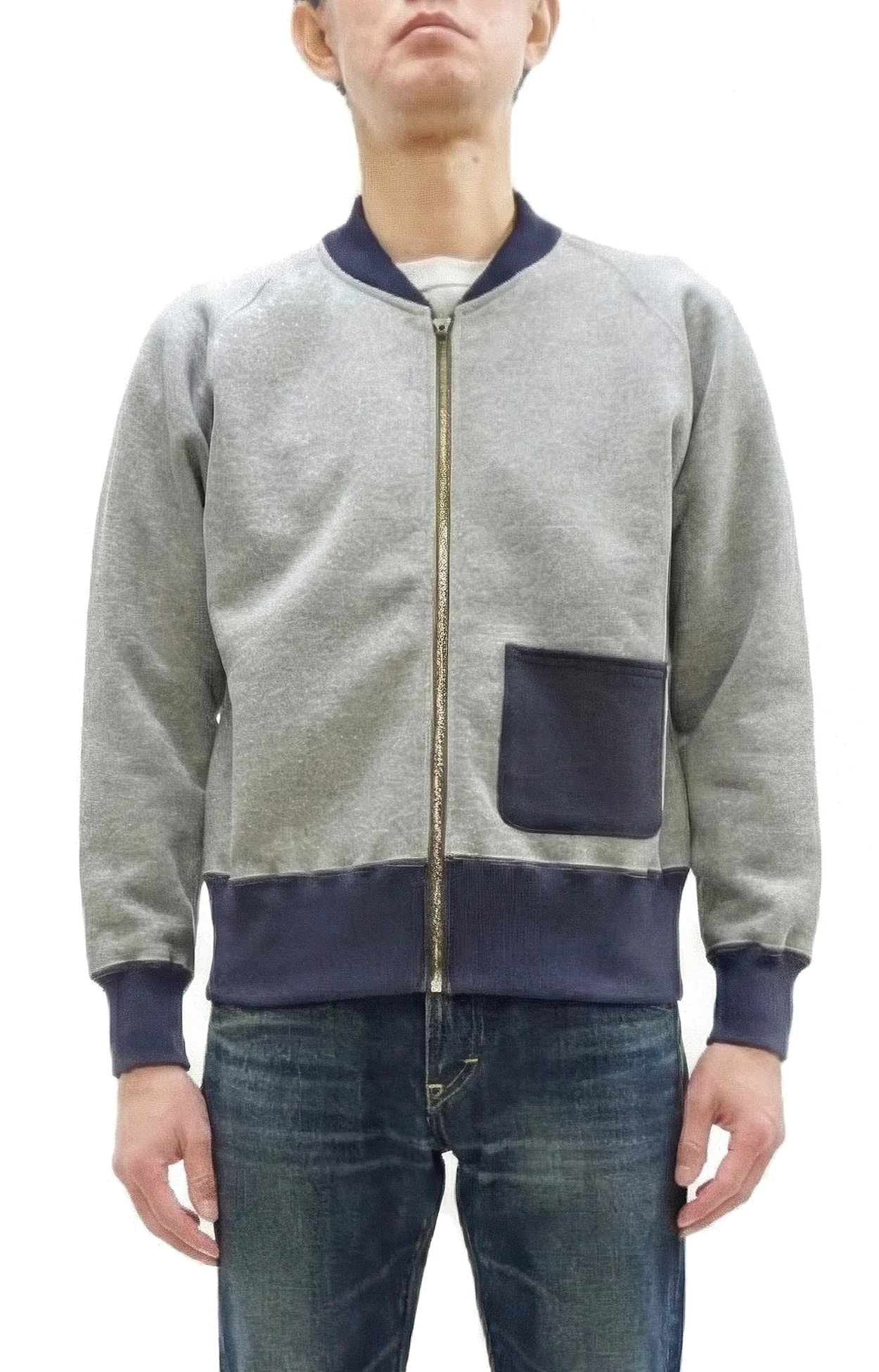 TOYS McCOY Men's Zip-Up Sweatshirt - USAAF C-2 Inspired, No Hood, Heavyweight 100% Cotton Loopwheel Fleece, Two-Tone Contrast Panel Design - Made in Japan (TMC2556 021 ash gray and  navy)