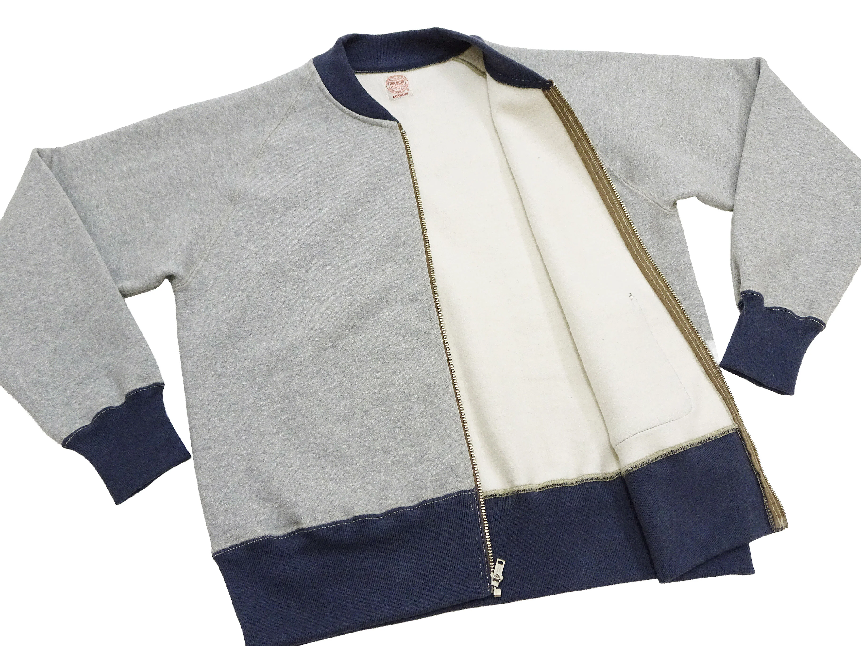 TOYS McCOY Men's Zip-Up Sweatshirt - USAAF C-2 Inspired, No Hood, Heavyweight 100% Cotton Loopwheel Fleece, Two-Tone Contrast Panel Design - Made in Japan (TMC2556 021 ash gray and  navy) - Image 11