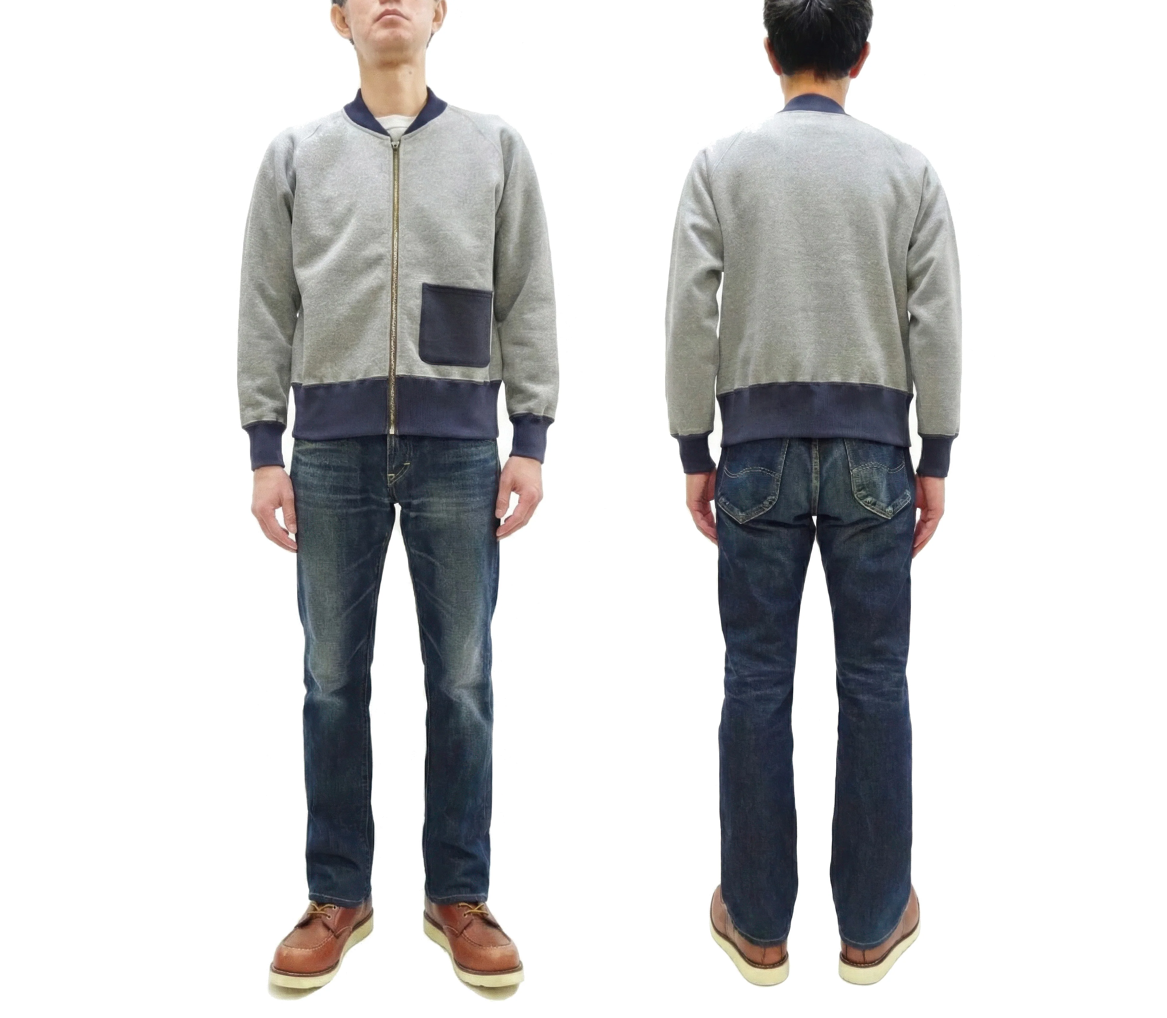 TOYS McCOY Men's Zip-Up Sweatshirt - USAAF C-2 Inspired, No Hood, Heavyweight 100% Cotton Loopwheel Fleece, Two-Tone Contrast Panel Design - Made in Japan (TMC2556 021 ash gray and  navy) - Image 3