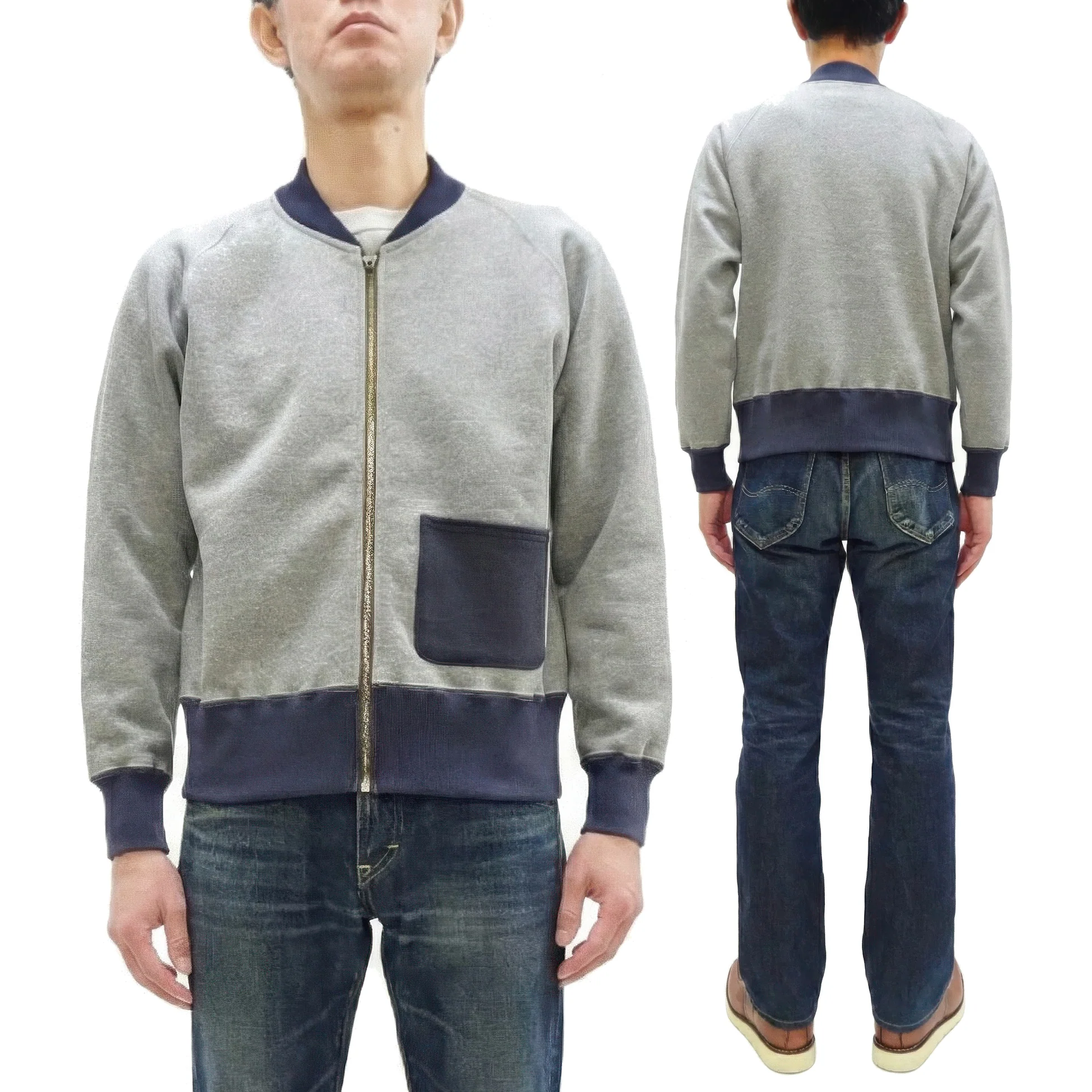 TOYS McCOY Men's Zip-Up Sweatshirt - USAAF C-2 Inspired, No Hood, Heavyweight 100% Cotton Loopwheel Fleece, Two-Tone Contrast Panel Design - Made in Japan (TMC2556 021 ash gray and  navy) - Image 5