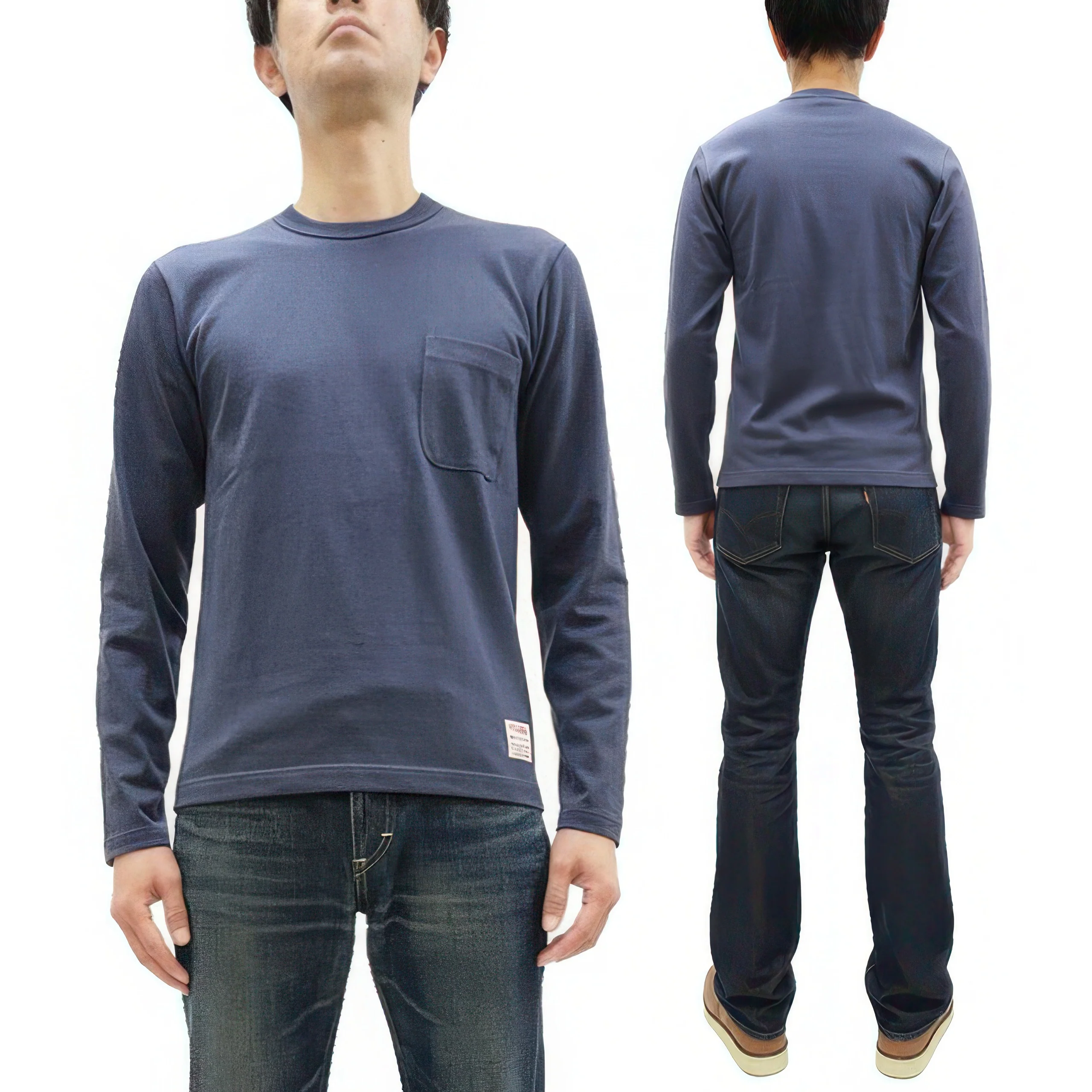 TOYS McCOY Steve McQueen Inspired Long Sleeve Pocket T-Shirt - Men's Solid Color Loopwheeled Tee - TMC2543 121 Faded Blue - Image 5