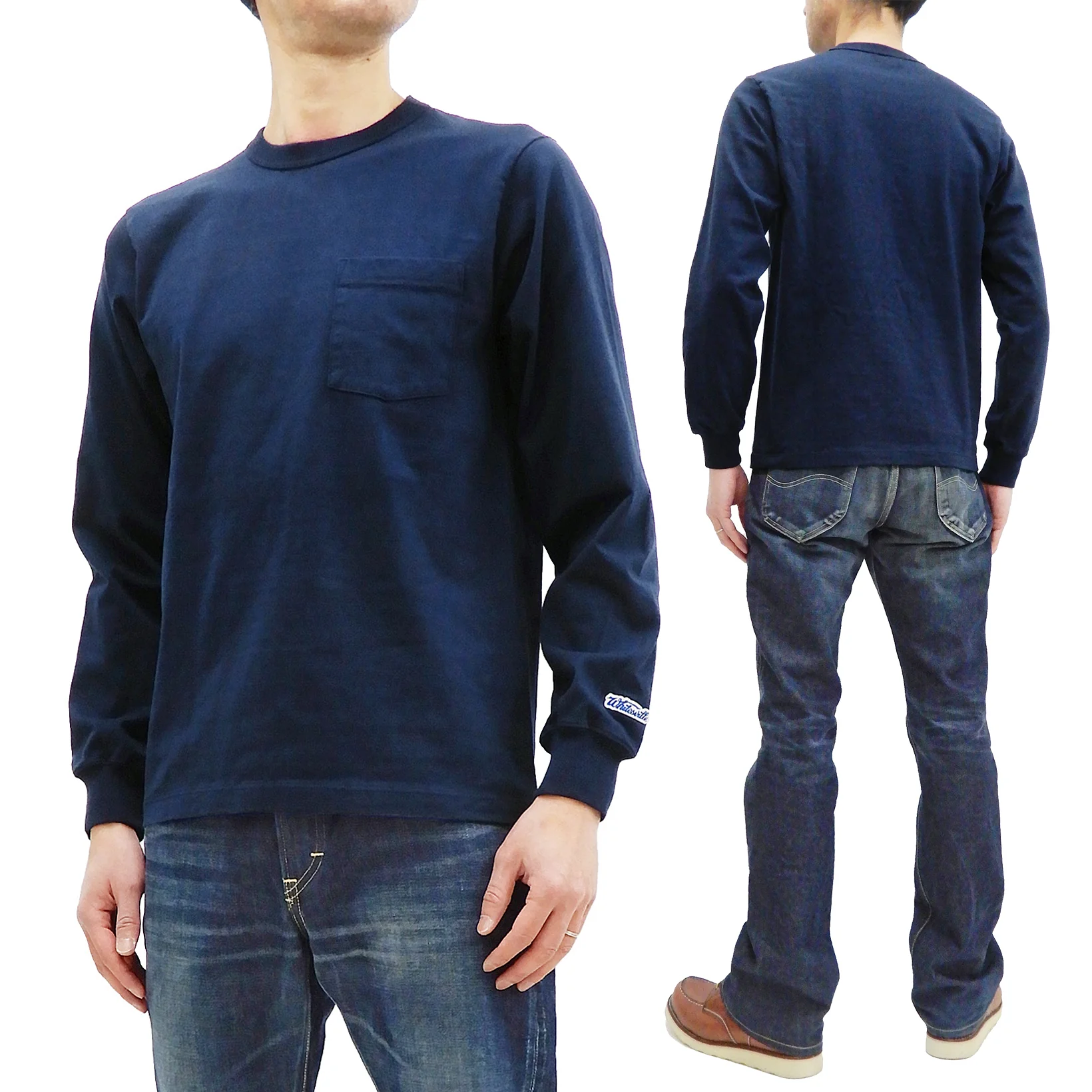 Whitesvill Plain T-shirt Men's Heavyweight Long Sleeve Pocket Tee WV68849 128 Dark-Blue - Image 4
