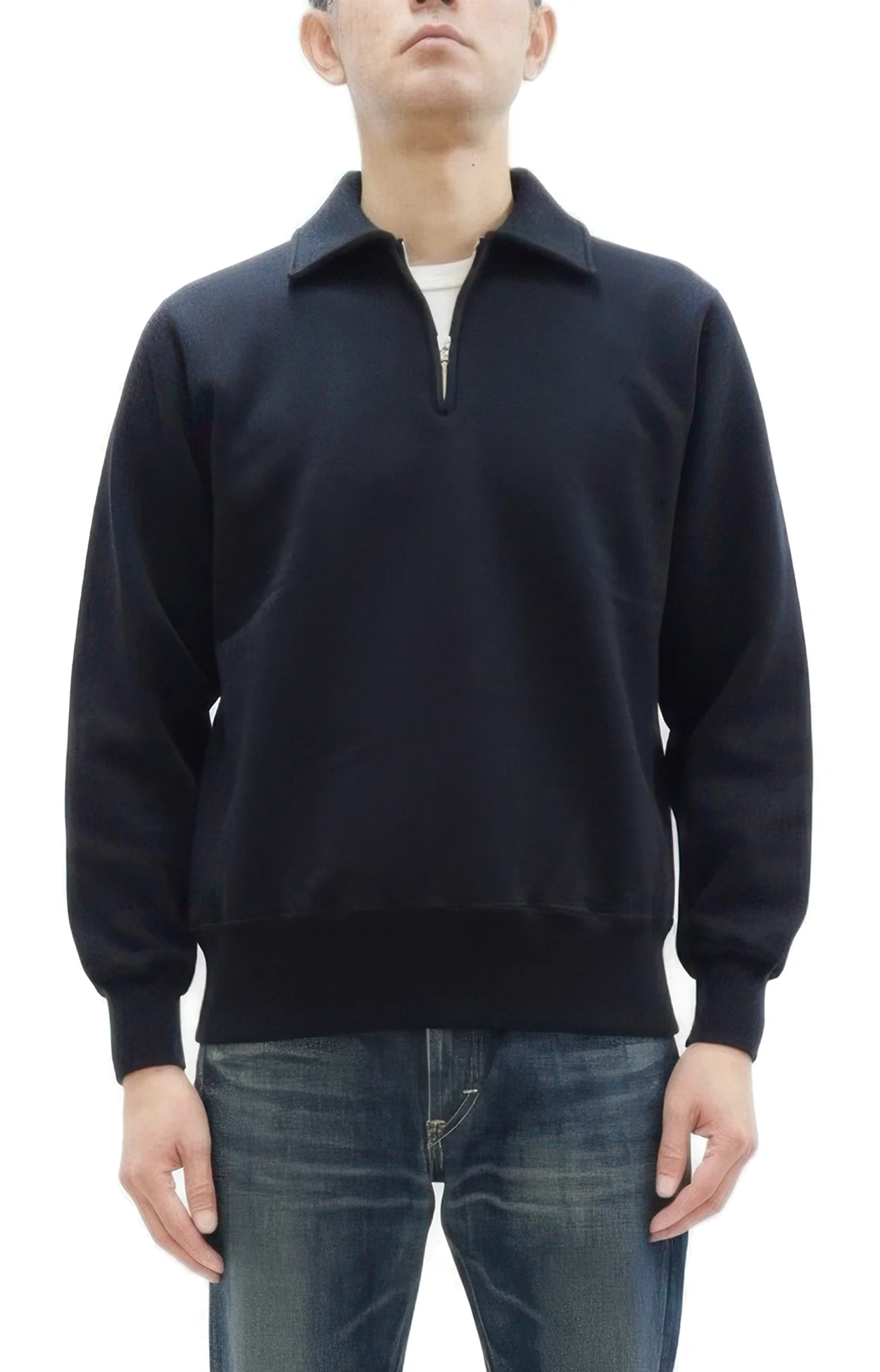 Whitesville Men's Collared Half-Zip Sweatshirt - Heavyweight Loopwheel Fleece, Made in Japan, Vintage-Inspired Athletic Wear (Toyo Enterprises WV69641 119 Black)