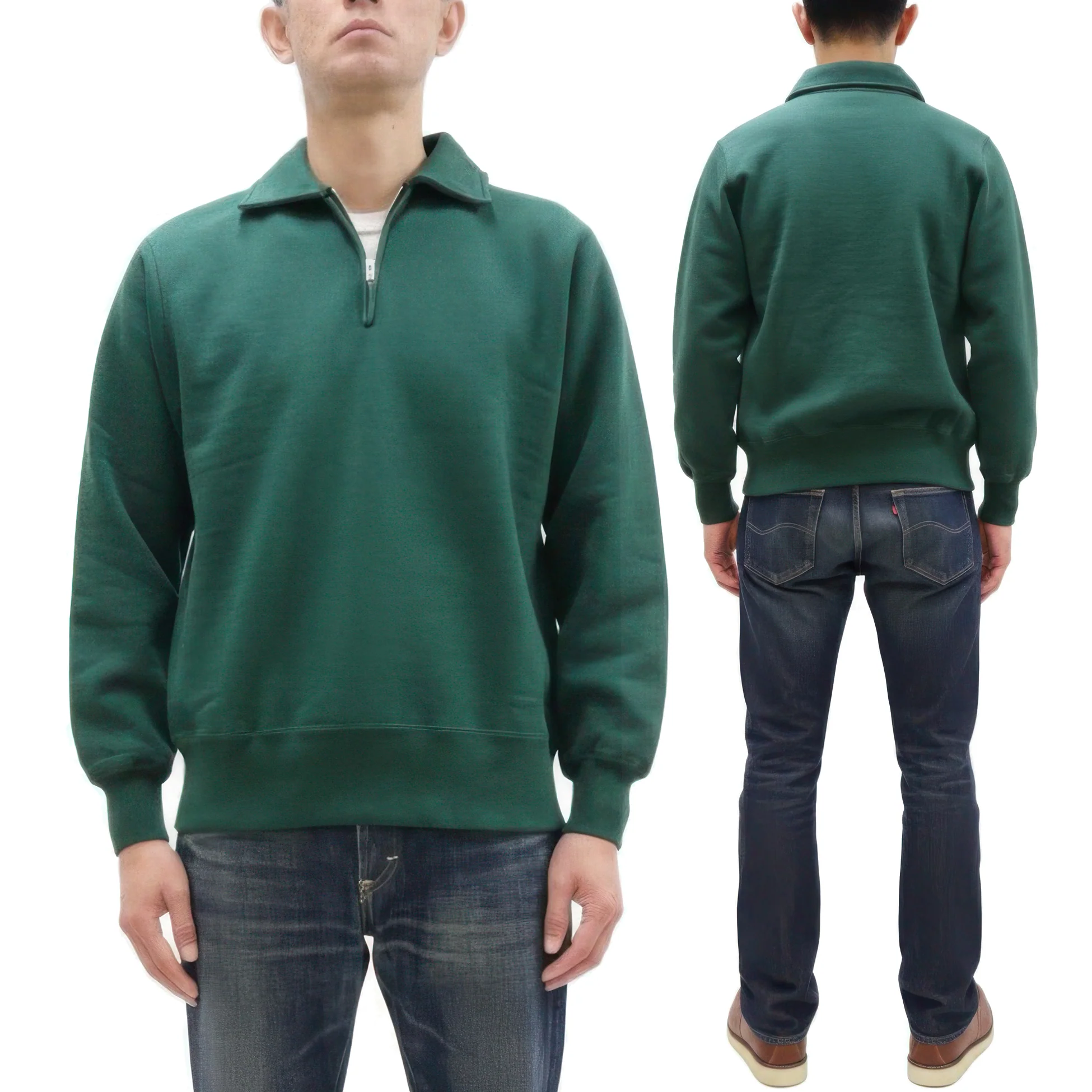 Whitesville Men's Collared Half-Zip Sweatshirt - Heavyweight Loopwheel Fleece, Made in Japan, Vintage-Inspired Athletic Wear (Toyo Enterprises WV69641 145 Green) - Image 5