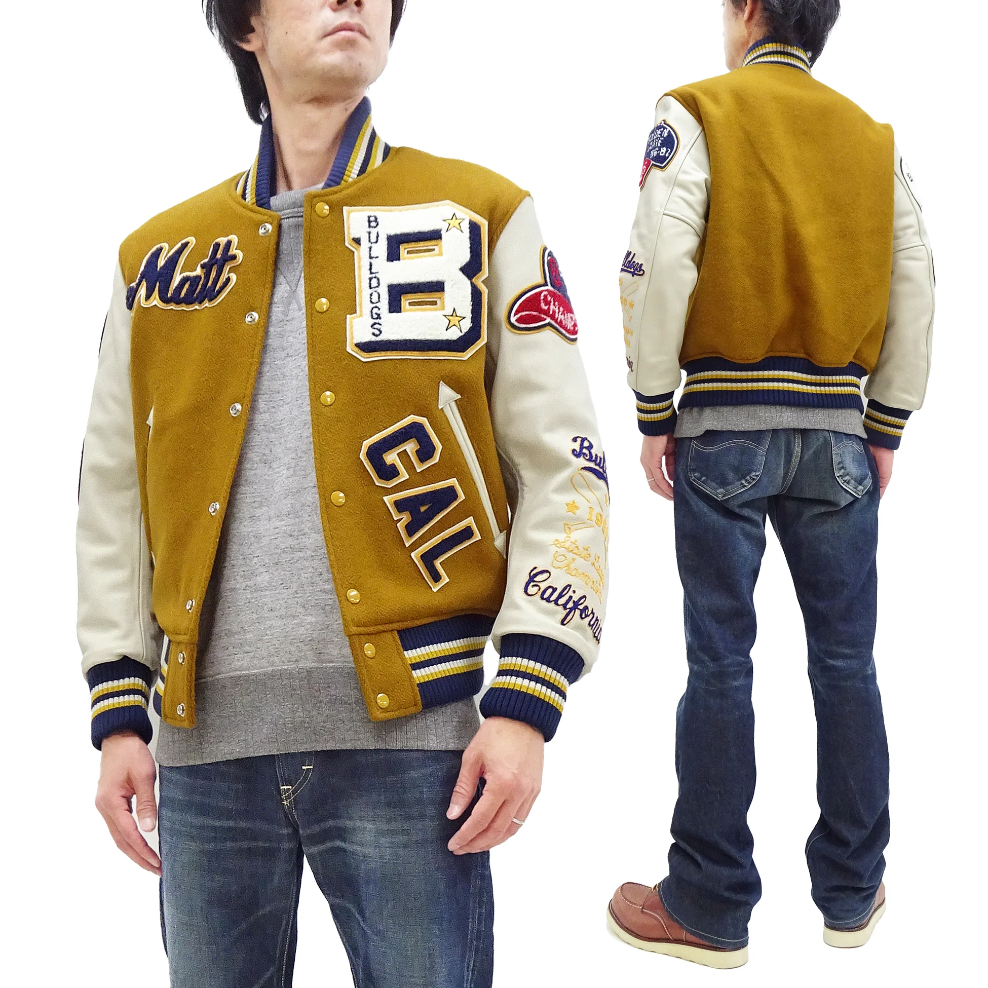 Whitesville Varsity Jacket Men's Letterman Jacket Melton x Leather Award Jacket WV15385 WV15385-156 Gold/Ivory - Image 6