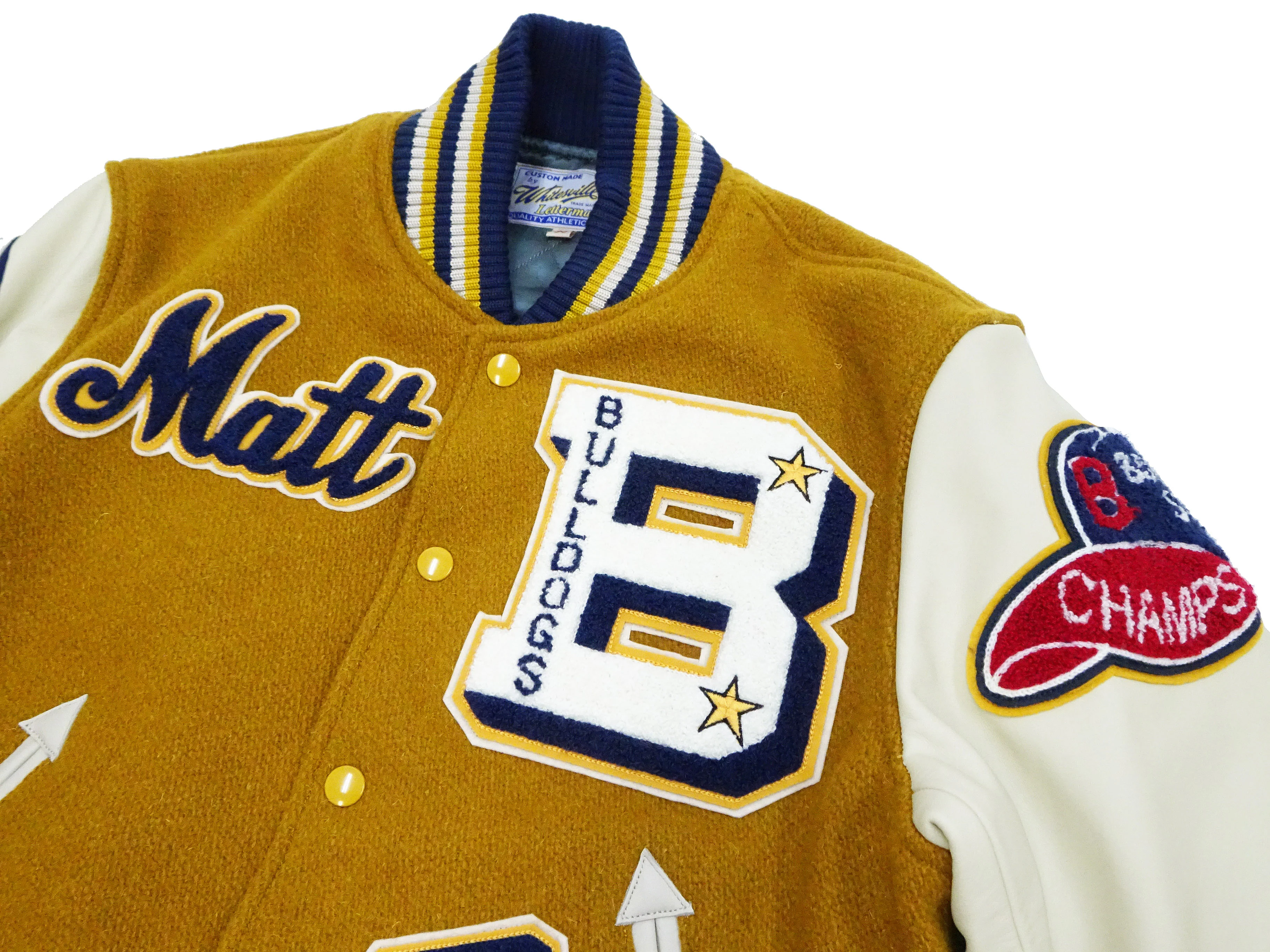 Whitesville Varsity Jacket Men's Letterman Jacket Melton x Leather Award Jacket WV15385 WV15385-156 Gold/Ivory - Image 8